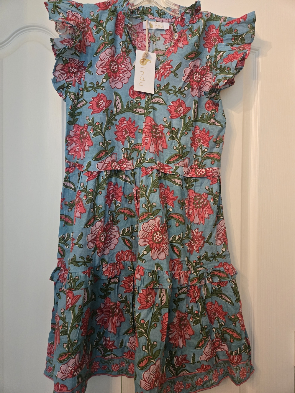 Bindu Pink Floral Ruffle Sleeve Blue Dress